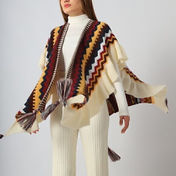 Knitted Wool Geometric Chevron Tassel Shoulder Shawl - Picture 2 of 6